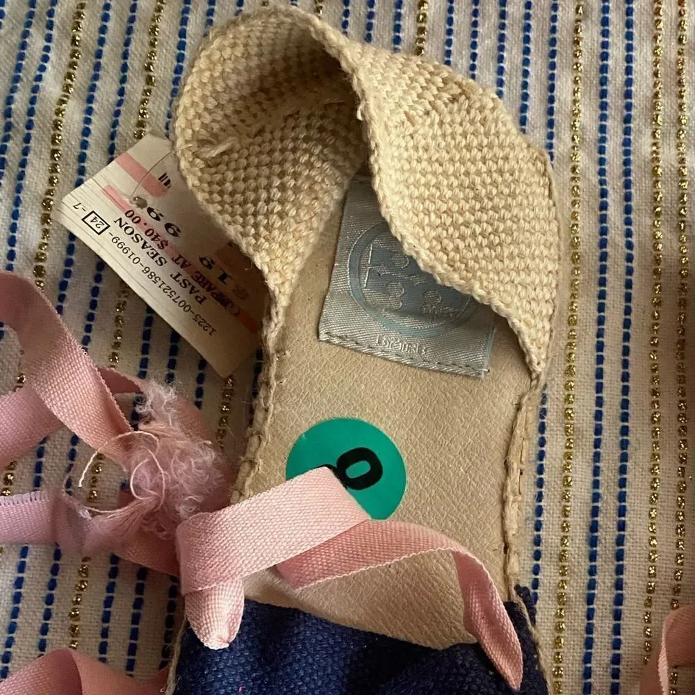 Tory Burch Womens Espadrilles size 8 Navy /pink Ankle Wrap Woven Natural NEW
